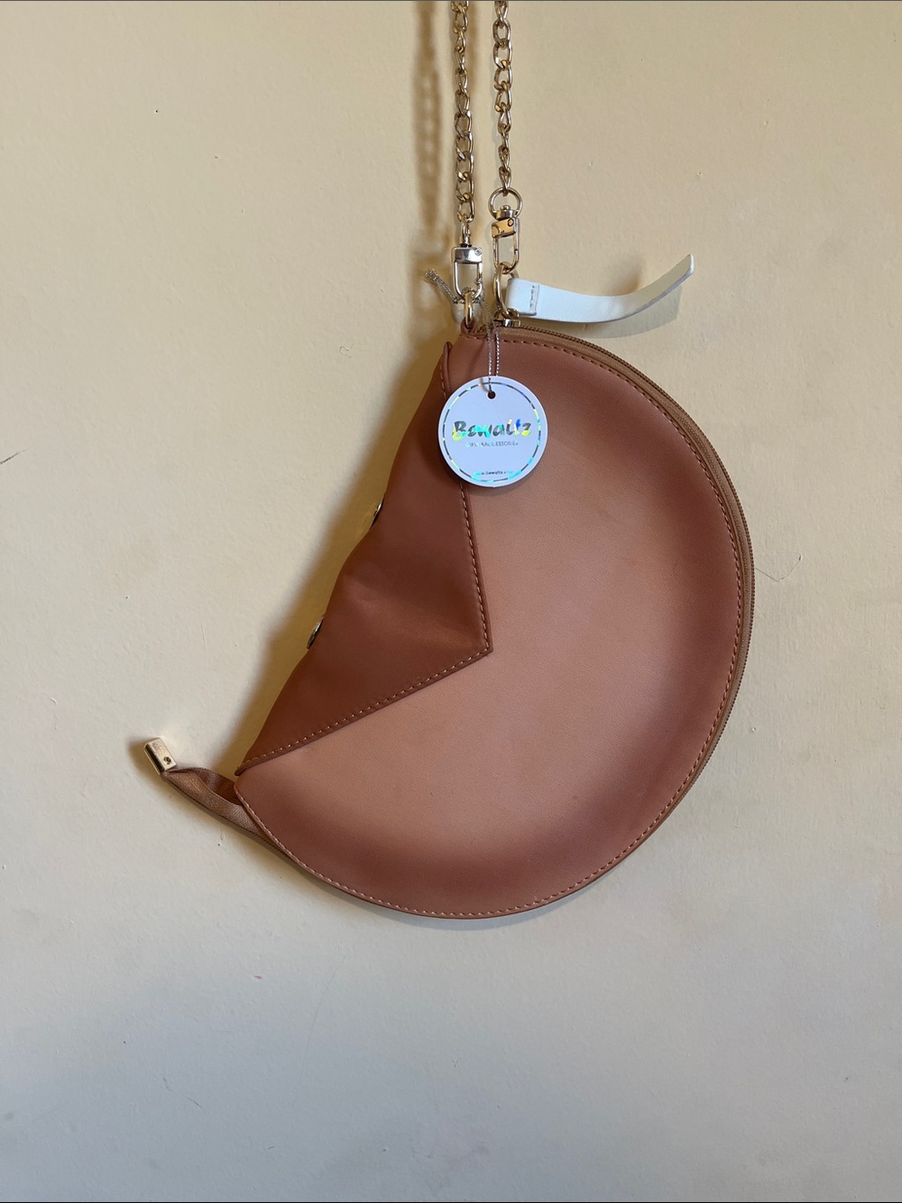 Round Tan Crossbody Purse with Gold Chain Strap